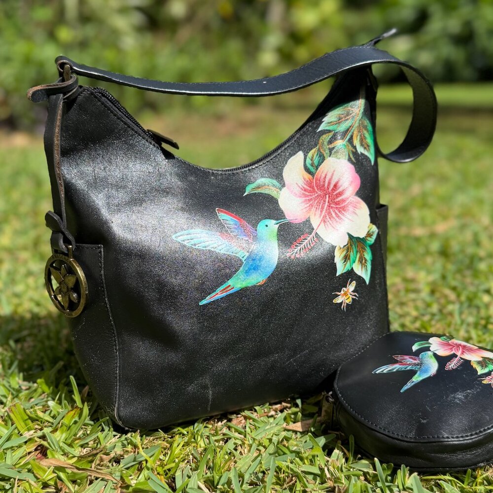 Anuschka Hummingbird Black Classic Hobo with Coin Purse